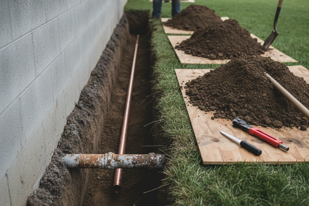 Excavated water line trench during Water Heater Repair in Patchogue